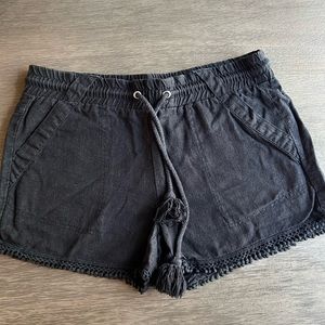 REWIND Black Linen Shorts Size XS with Crochet Fringe and Tassels